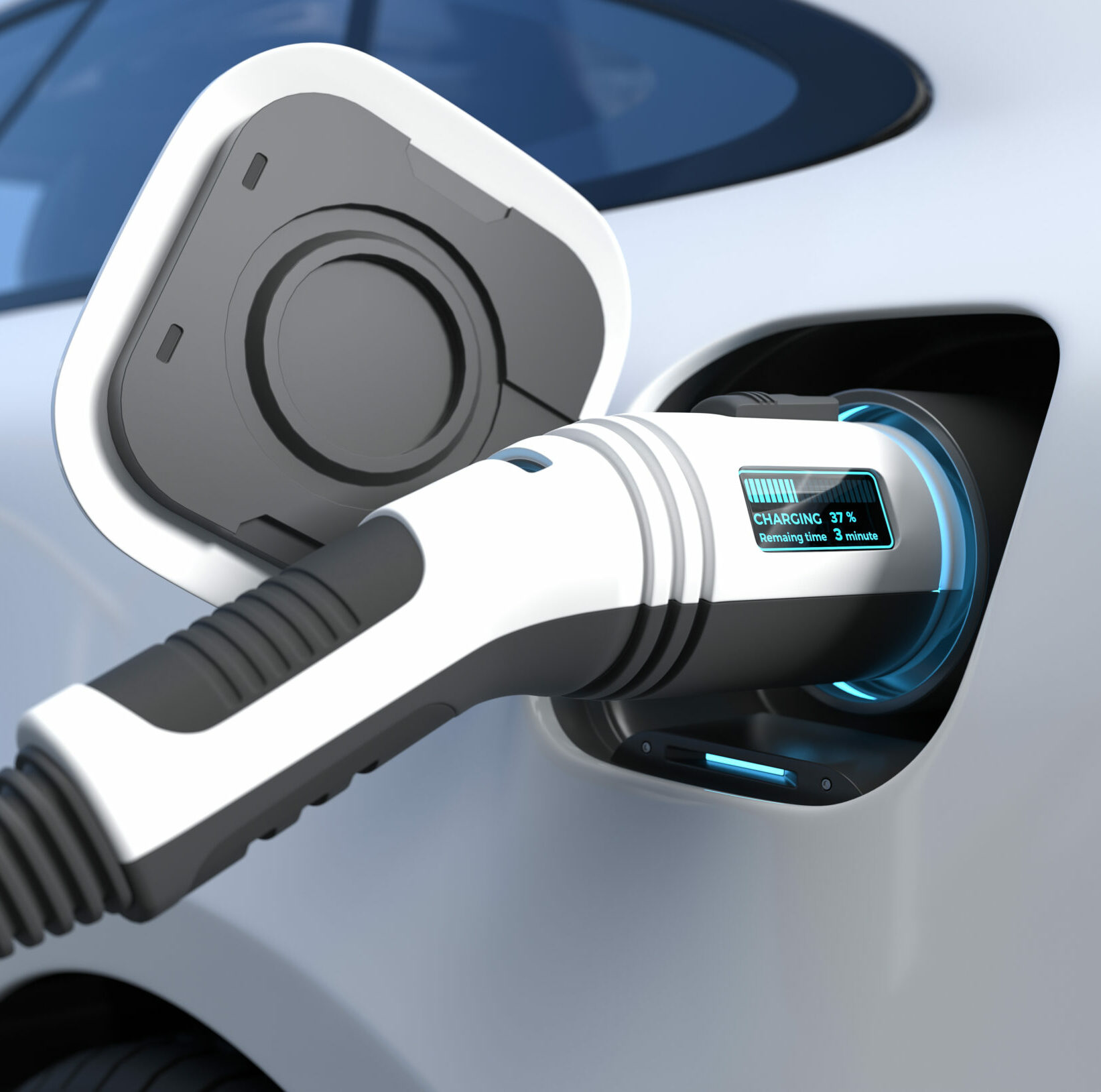 Electric car is charging the battery at the Ev charging station.
